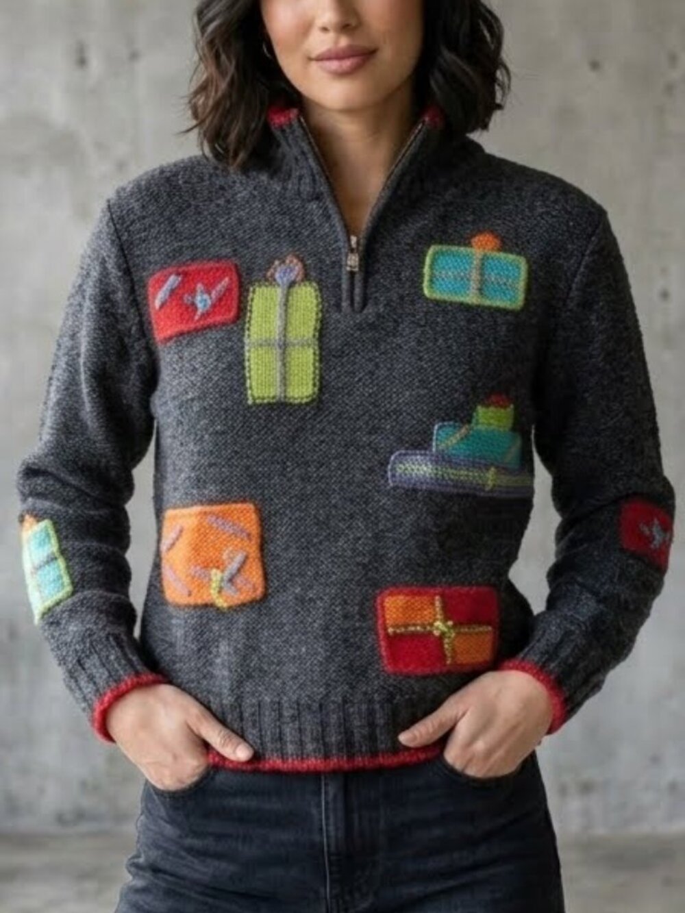 Woolrich Wool Zip Collar Patchwork Charcoal Grey Ski Sweater Women's S